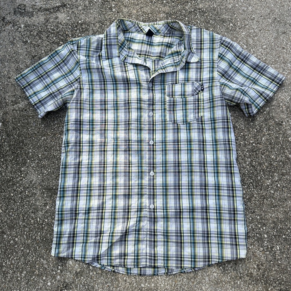 Oakley Mens Slim Fit Short Sleeve Plaid Button Down Shirt Grey Yellow Large